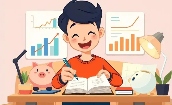 Person eagerly budgeting at a desk with financial graphs and piggy bank