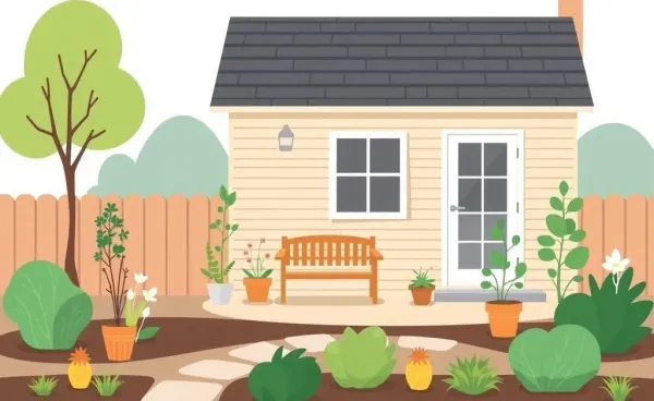 A cozy and budget-friendly landscaped garden with a rental property in the background