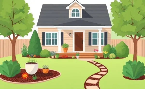 A suburban house with a beautifully landscaped front yard featuring cost-effective elements.