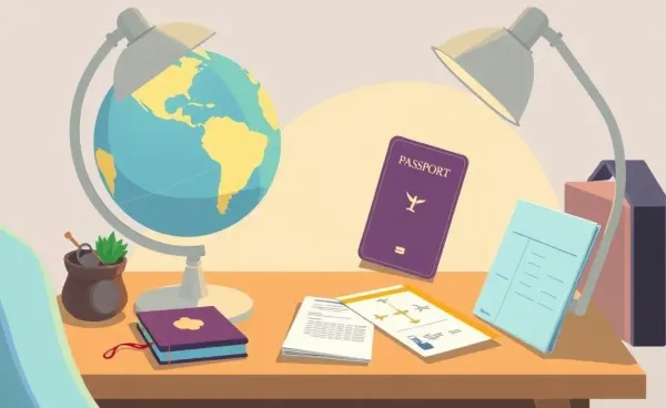 Illustration of a globe, passport, and plane tickets on a modern desk.