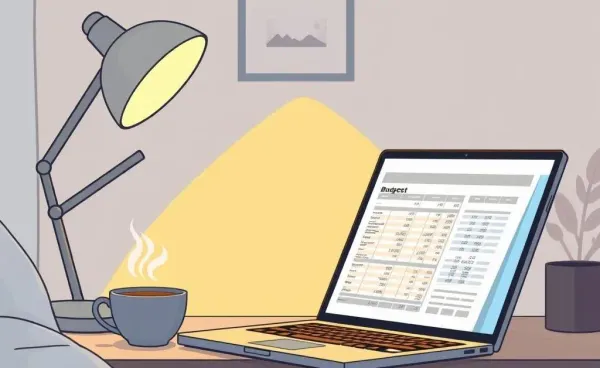 Cozy home office with a laptop showing a budget spreadsheet.