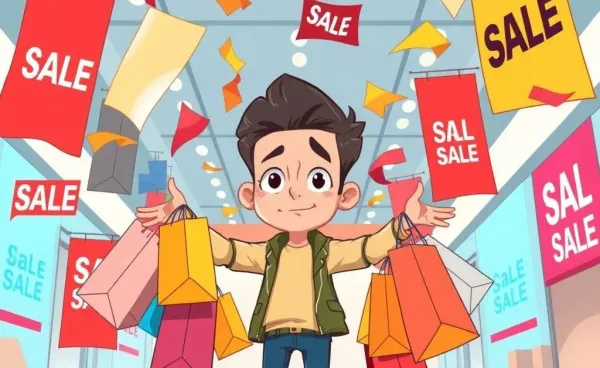 A person confused by sales while juggling shopping bags, symbolizing budgeting chaos.