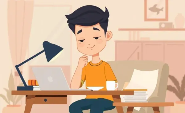 Relaxed person peacefully reviewing personal budget at home desk