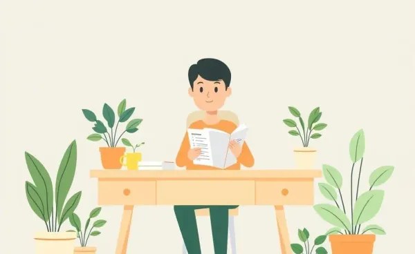 Cartoon of a person planning a budget at a desk with plants for a calm setting