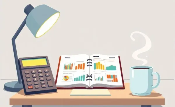 Budget planner on a desk with a calculator and coffee cup.