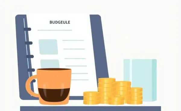 A planner, coffee mug, and coins on a desk representing budgeting.
