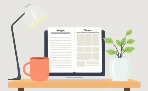 A cozy desk with a budget planner and a coffee mug