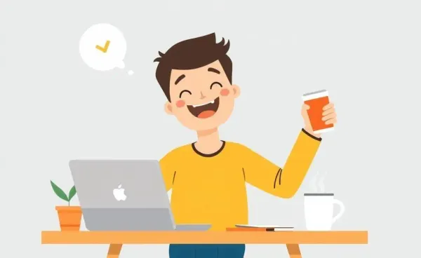 A person budgeting at a desk with a laptop and coffee mug.