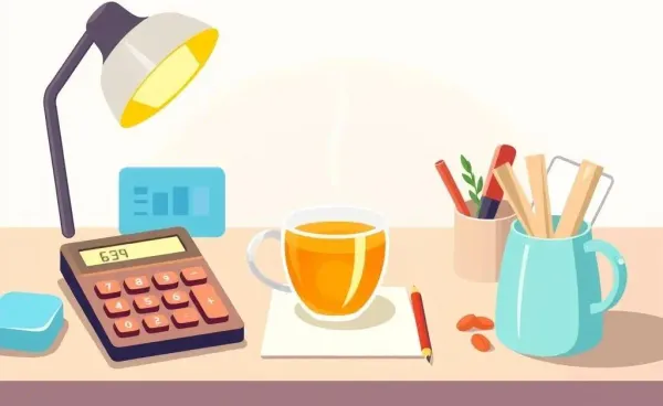 A cozy desk setup with budgeting tools, a calculator, and tea.