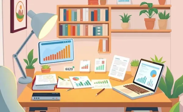 A cartoon image of a desk with budget plans