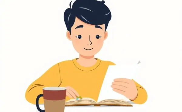 A person reviewing their budget planner at a desk with a cup of coffee.