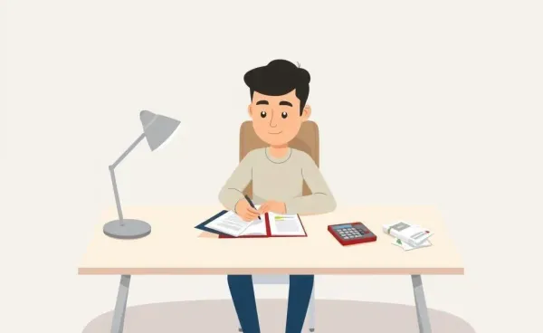 Person planning their budget at a desk with a planner and calculator