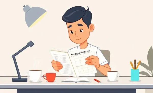 Cartoon of a person at a desk looking at a budget planner.