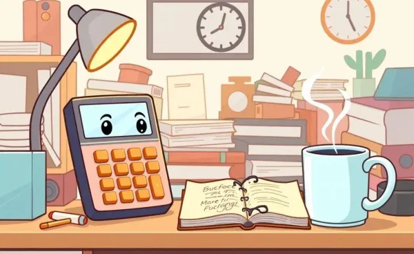 Cartoon-style illustration of a desk with budgeting tools like a calculator and notebook