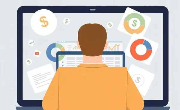 A person planning a budget on a laptop surrounded by financial symbols
