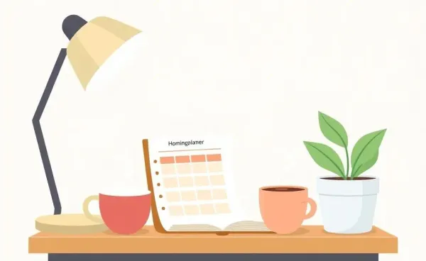 A cozy home office setup with a budgeting planner