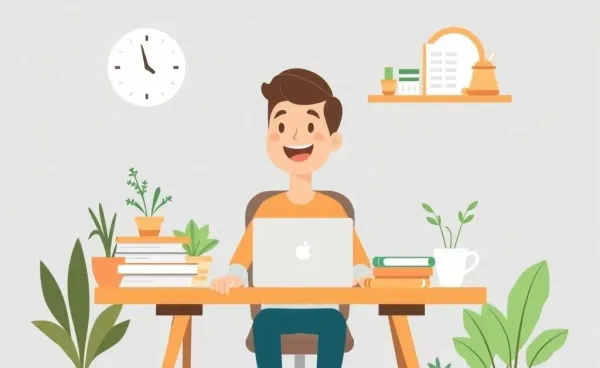 A person happily working on a budget at a tidy desk.