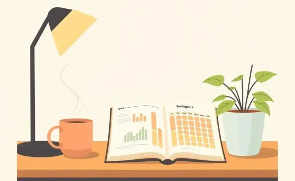 A desk featuring a journal with budgeting notes next to a coffee mug and plant