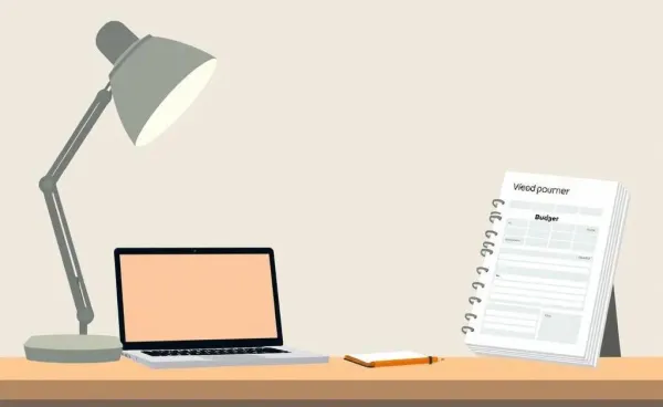 Cozy desk with a laptop and budget planner