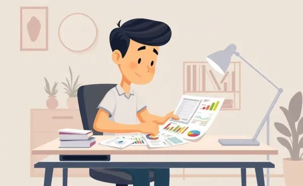 Cartoon of a person at a desk with a personal budget planner.