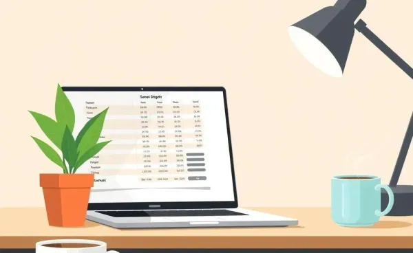 A desk displaying a budget planner with a laptop, coffee, and plant.