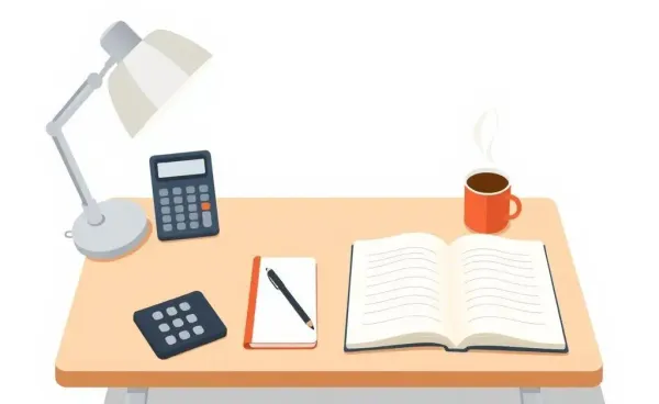 A desk with budgeting tools like a calculator, notebook, and coffee cup.