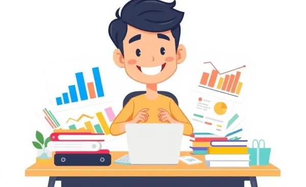 Cartoon of a person budgeting at a desk with charts and calculator
