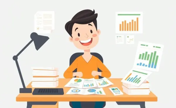 A cartoon-style person organizing their budget on a desk with charts