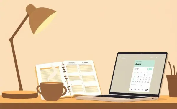 A cozy home office desk with a budget planner and coffee