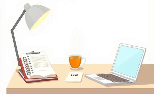 A neat desk with a laptop open to a budget planner.