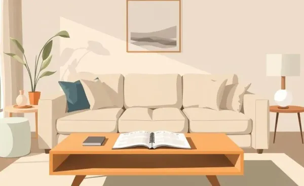 A cozy living room with a budget planner on the coffee table