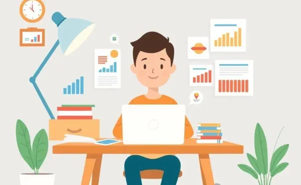 A cozy desk with a laptop and colorful charts signifying budget planning