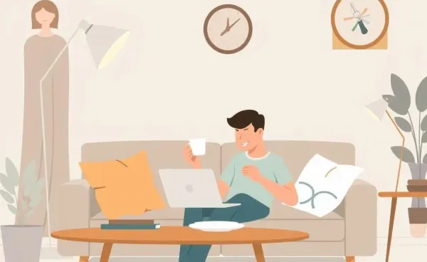 A person in a cozy living room balancing a laptop and a coffee cup while planning a budget