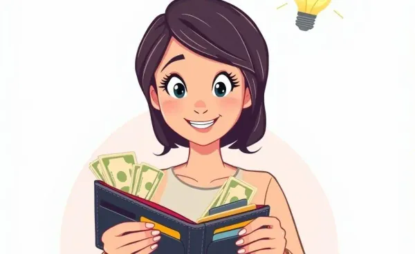 A woman looks surprised while holding an open wallet with a glowing light bulb above her head
