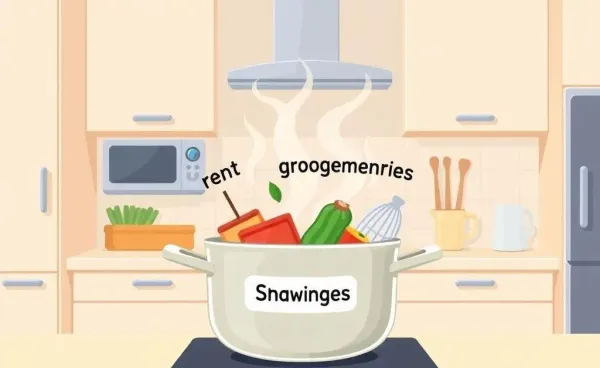 Cartoon kitchen with budget ingredients mixing in a pot