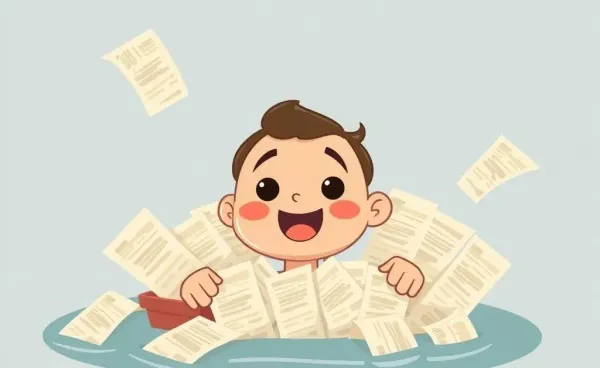 A cartoon character overwhelmed by shopping receipts with a playful expression