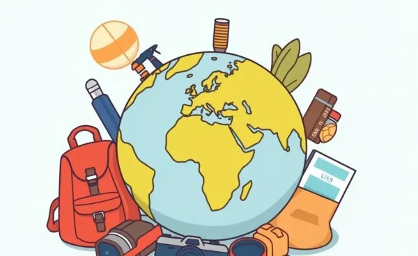 Illustration of a globe with travel essentials for budget adventures