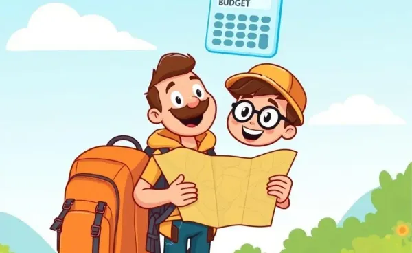 Cartoon traveler with a map and budget calculator