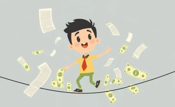 A cartoon character balancing on a tightrope made of dollar bills while surrounded by floating receipts.