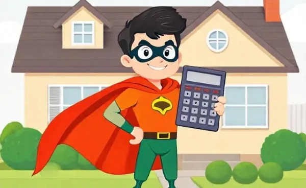 Cartoon of Budgeting Bob, the superhero of mortgage adventures, with a giant calculator in hand