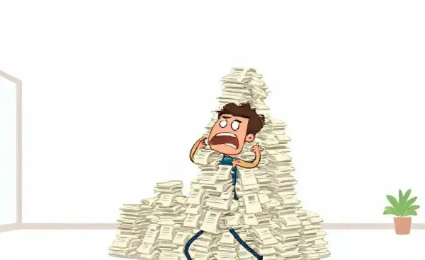 A comic character humorously overwhelmed by receipts, representing the chaos of budgeting.
