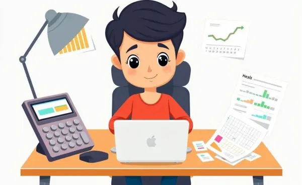 Cartoon of a person at a desk with budgeting tools
