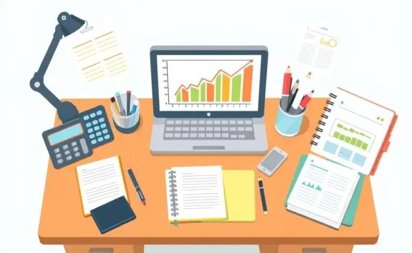 Cartoon-style illustration of a desk with budgeting tools.