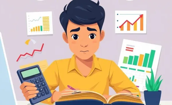 Person surrounded by budgeting tools like calculator, notebook, and graphs