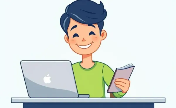 A person managing finances happily with a laptop and notebook