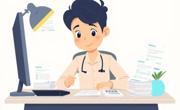 Person budgeting healthcare costs at a desk with bills and a calculator
