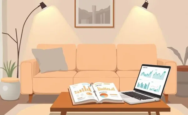 A cozy living room scene with a budget planner and a laptop displaying investment graphs