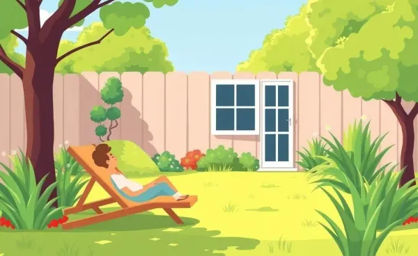 A person relaxing in a well-kept backyard with neatly trimmed grass