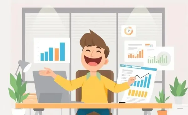 Person joyfully managing a budget with graphs and charts