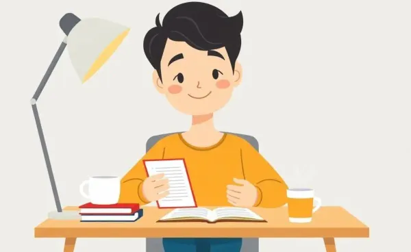 A relaxed person at a desk with a budget planner and coffee, showing calm and satisfaction.